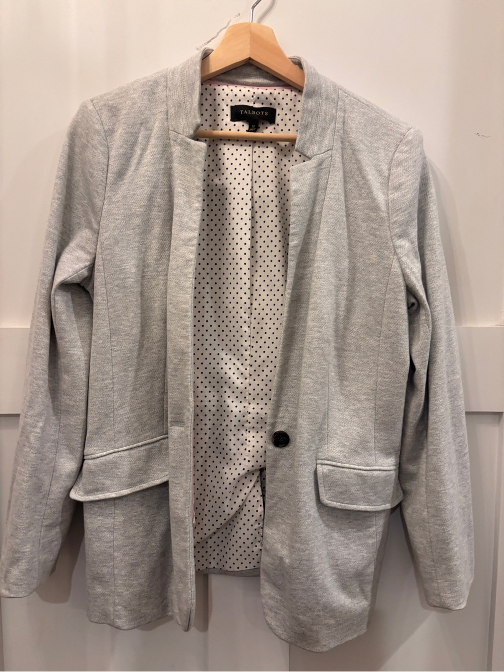 Talbots Light Gray Open-Front Blazer with Polka Dot Lining